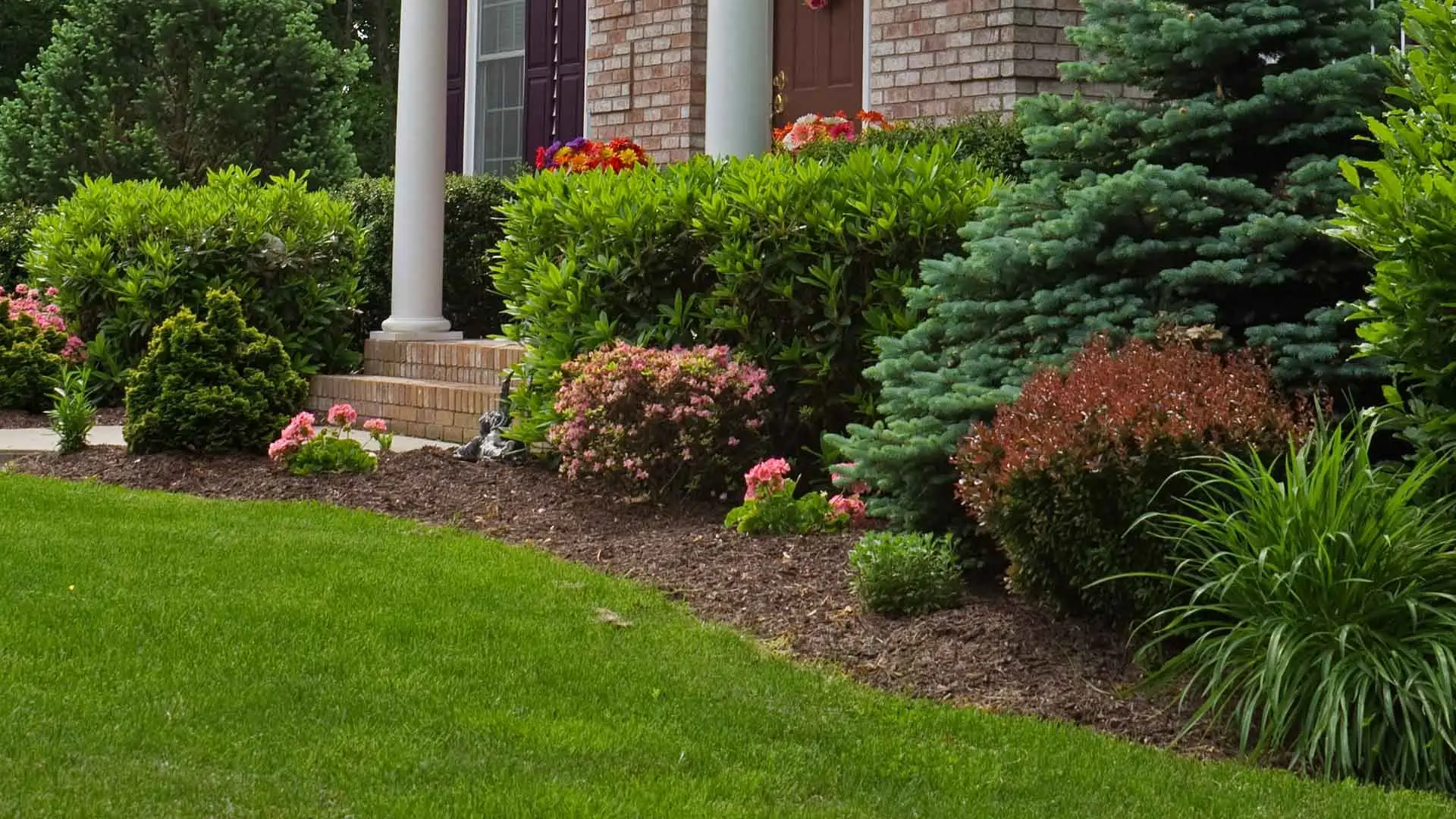 Recently mulched landscaping bed at a home in Westfield, IN.