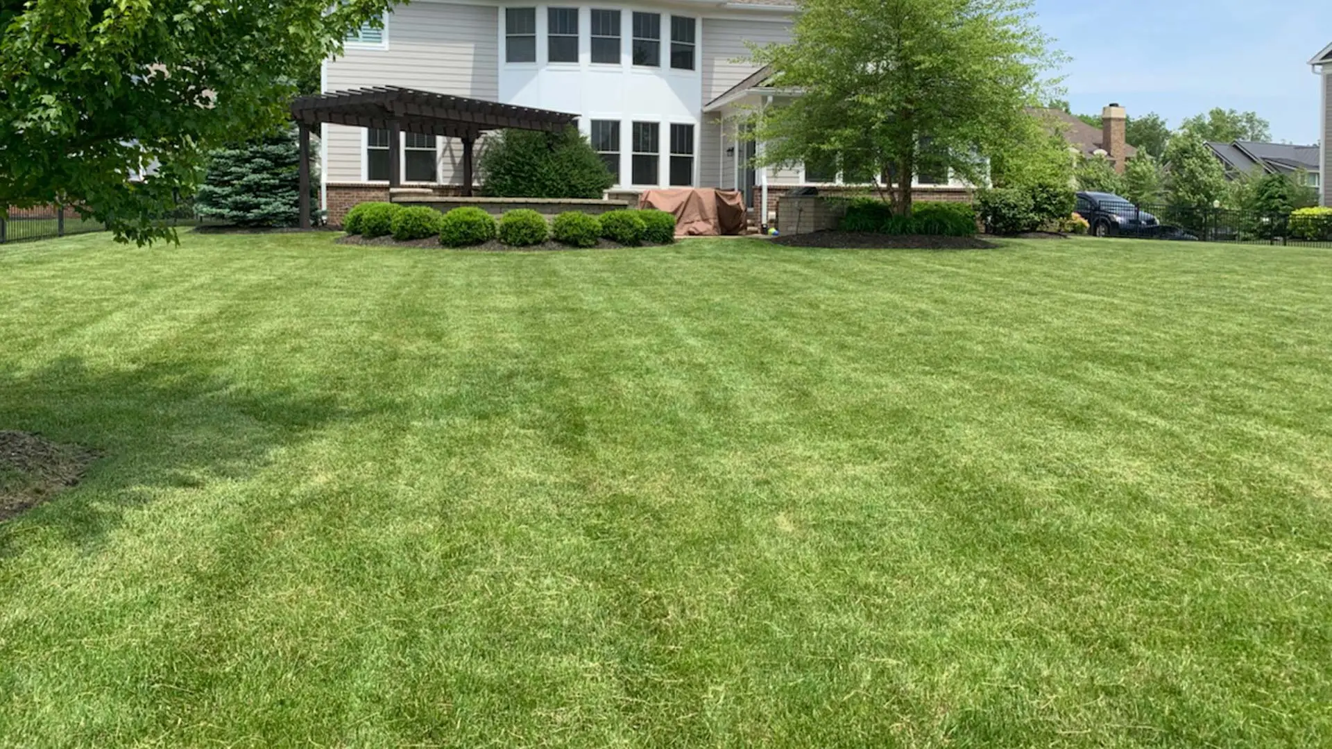 Noblesville customer with a lawn freshly mowed by Spider Lawn & Landscape.