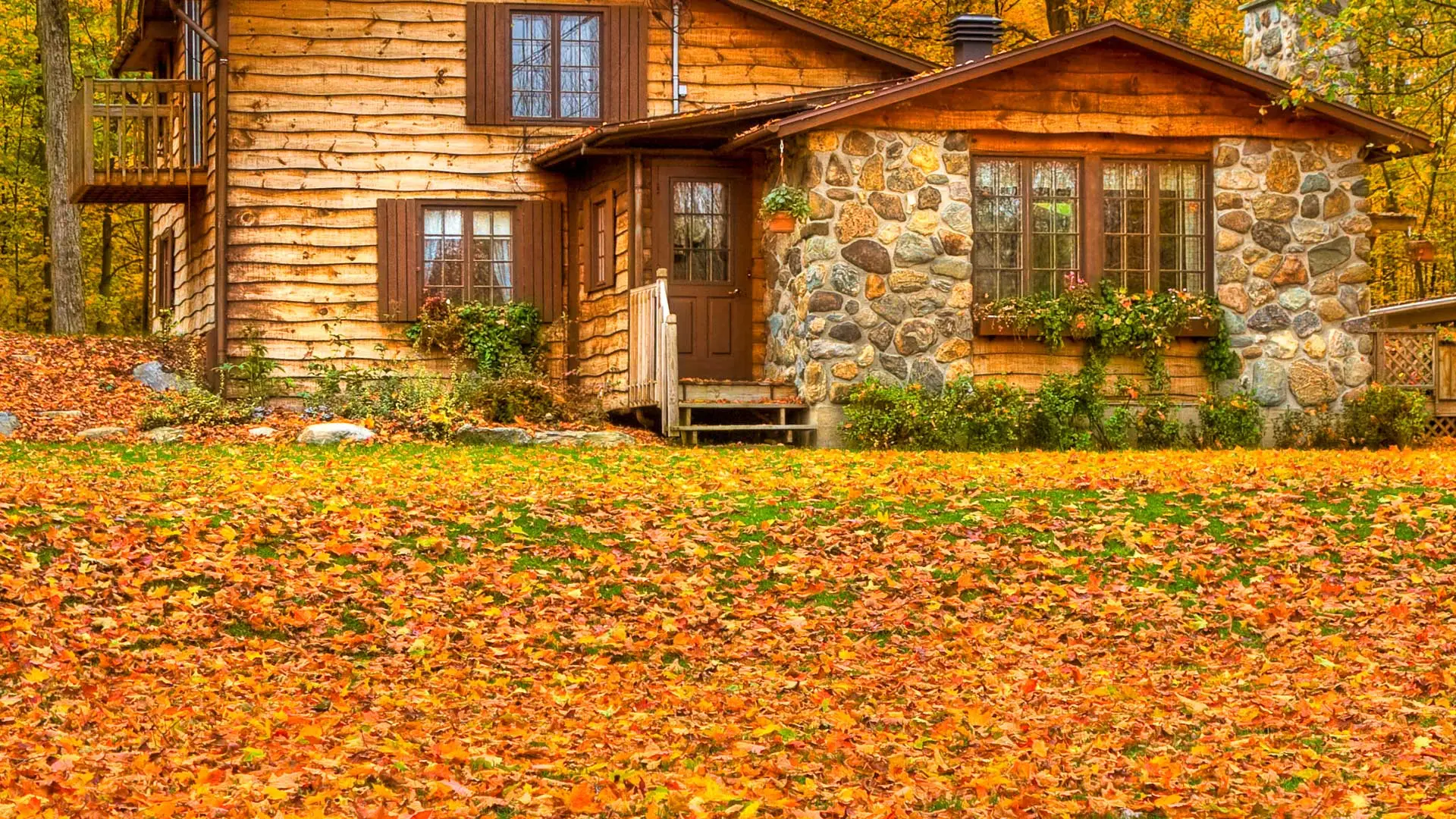 A home and front lawn covered in fall colored leaves in Noblesville, IN.