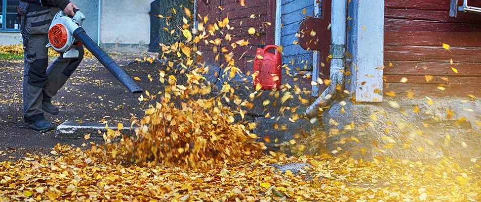 Our landscaper blowing away fallen leaves on a property in Carmel, IN.